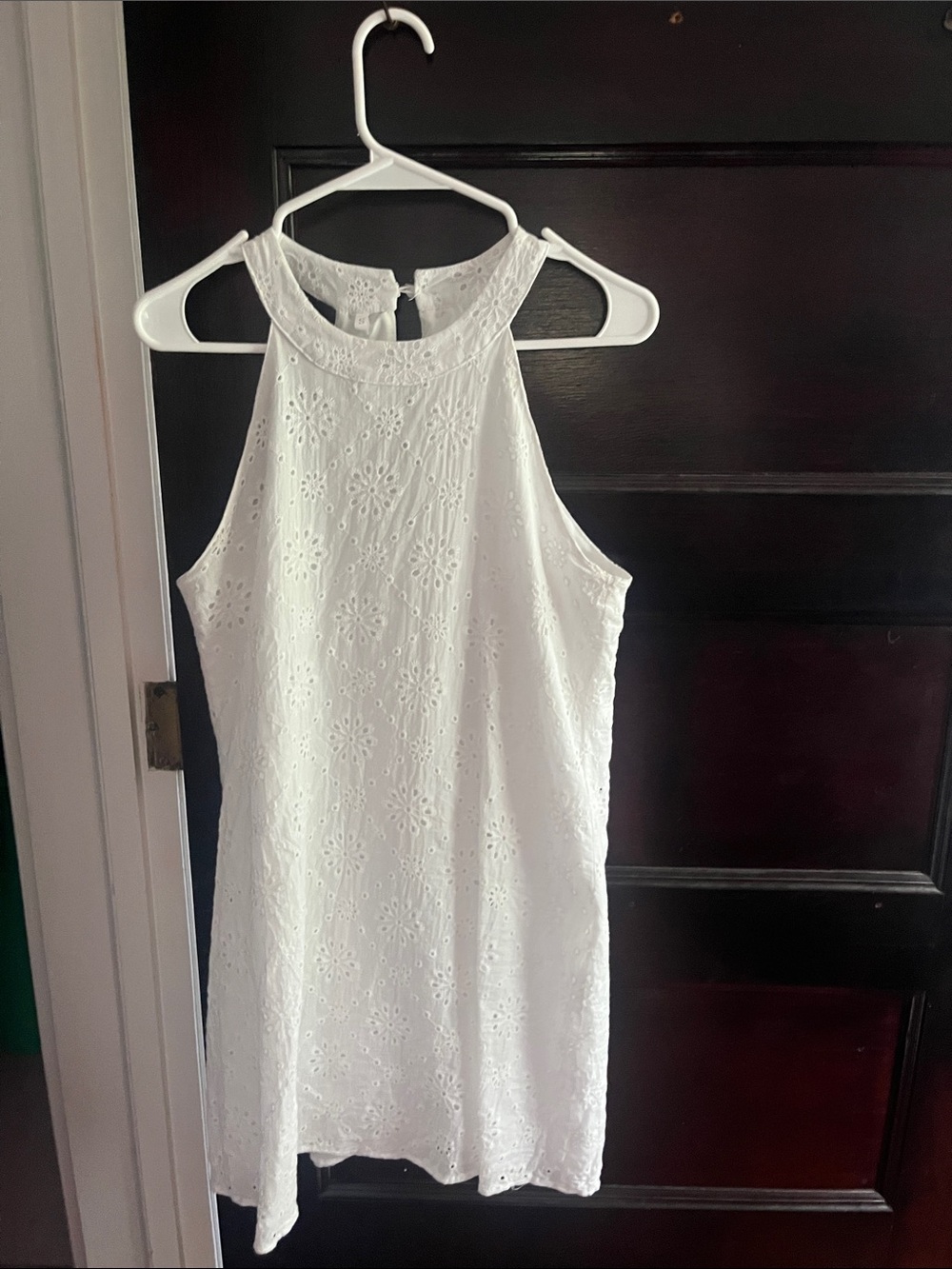 Sleeveless White Eyelet Halter Mini Dress - Classic Summer Style